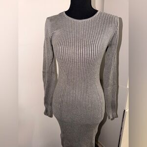 Long Sleeve Gray Ribbed Knit Dress